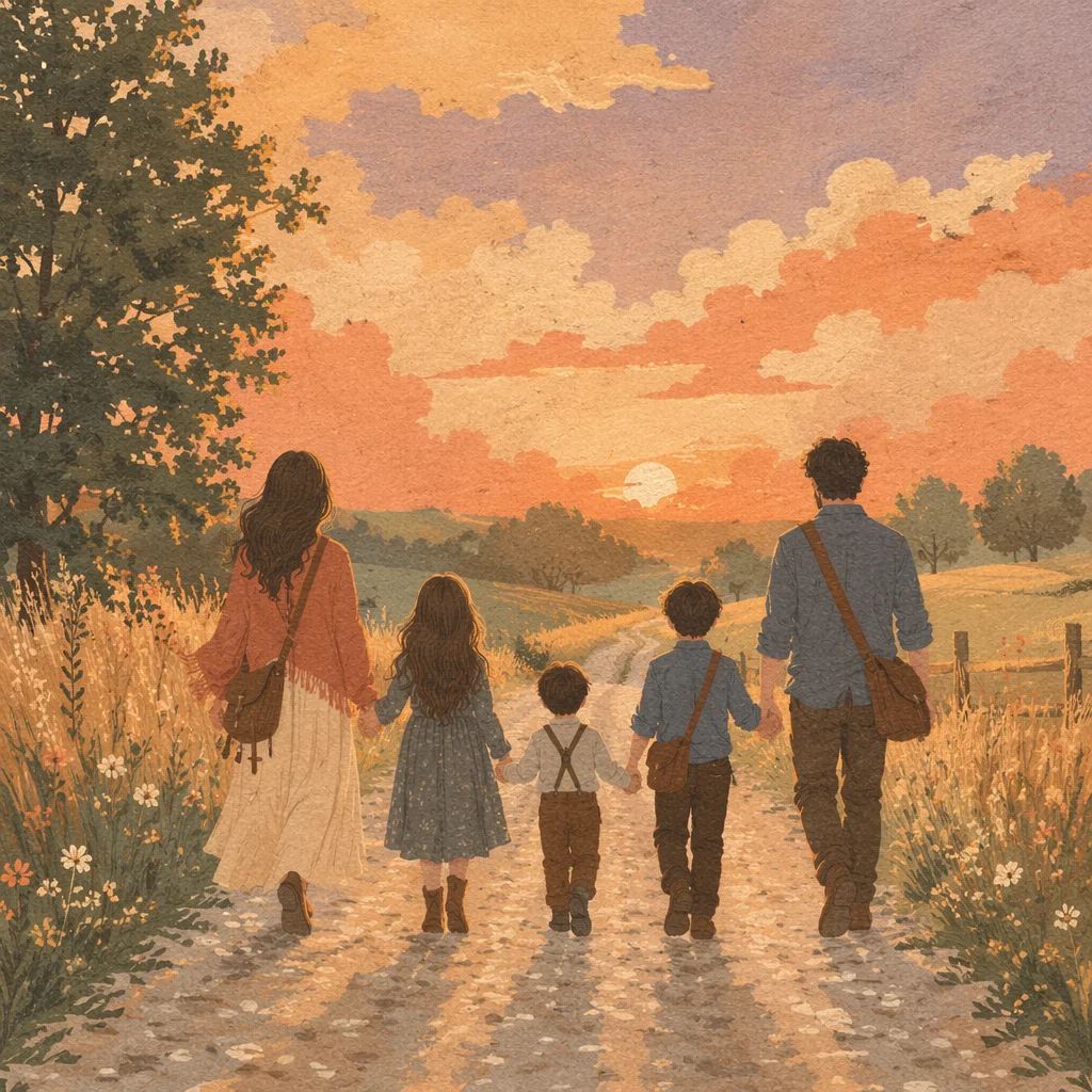Faithful Family Walk on Country Road at Sunset