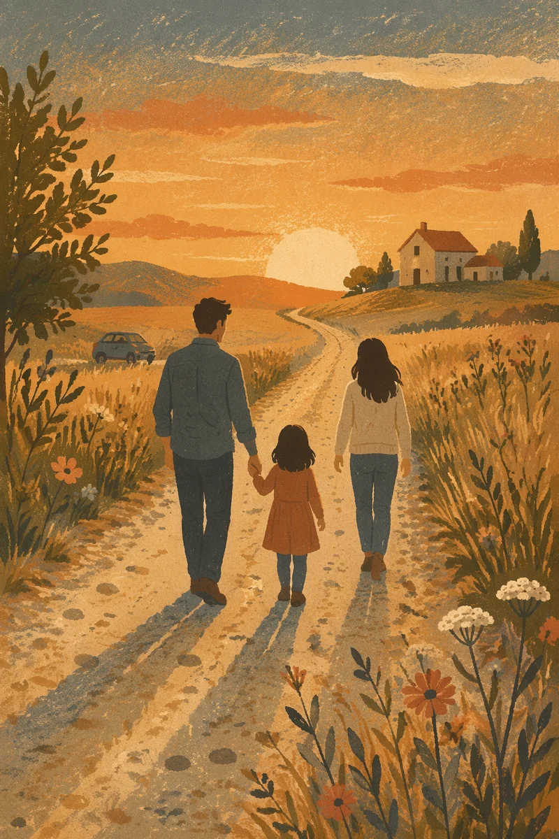 Family Walking Country Road at Sunset