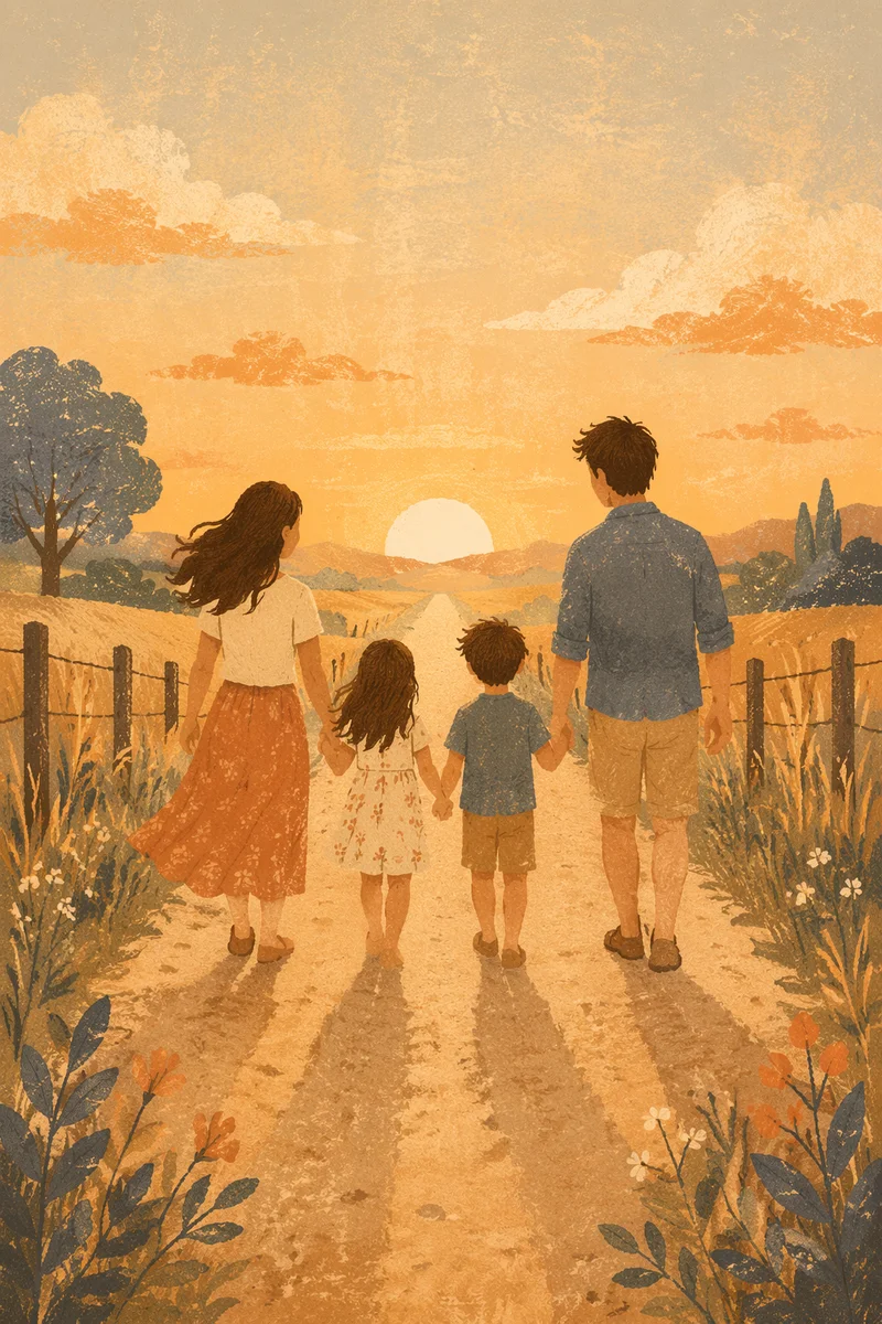 Family Walking Country Road at Sunset