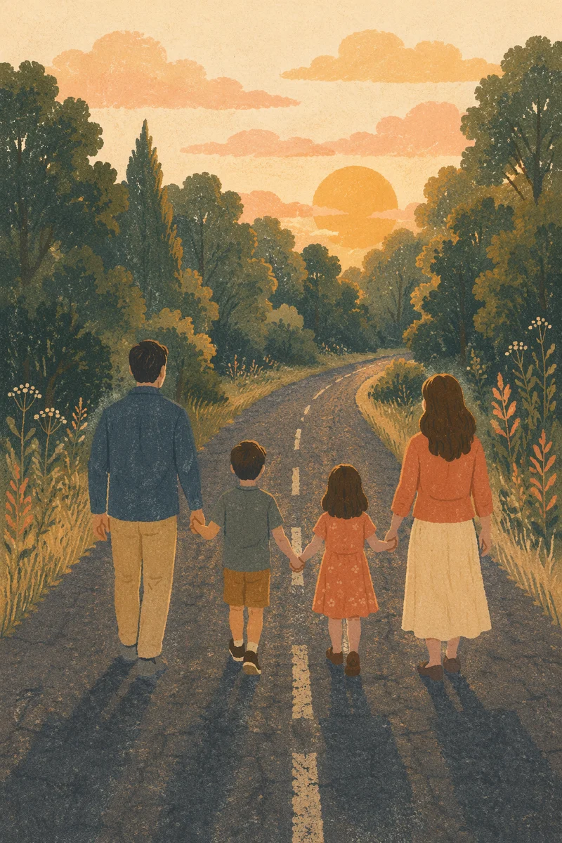 Family Walking Country Road at Sunset