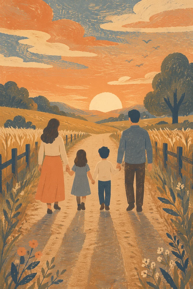 Family Walking Country Road at Sunset