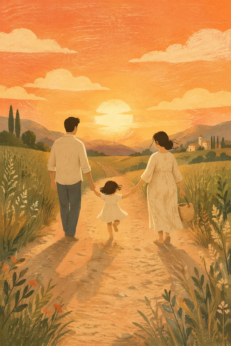 Family Walking Country Road at Sunset