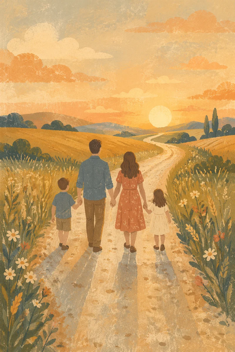 Family Walking Country Road at Sunset