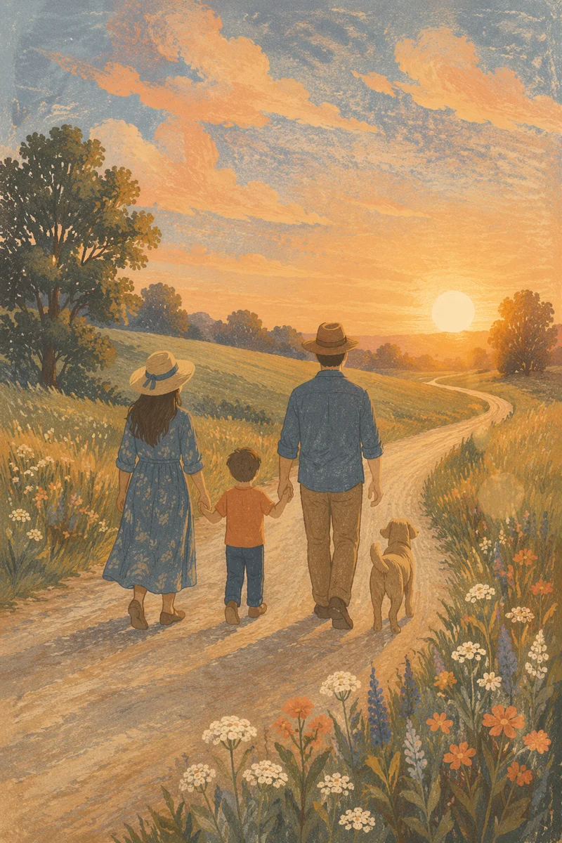 Family Walking Country Road at Sunset