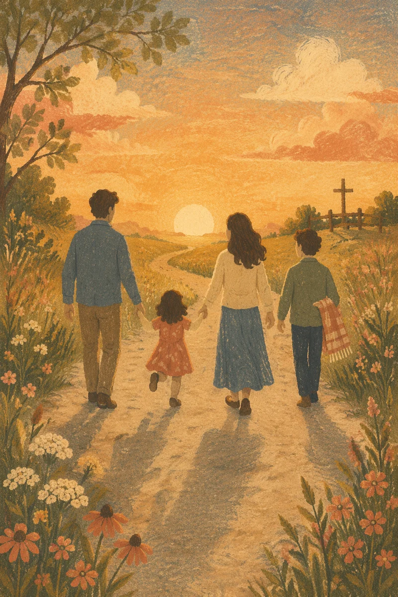 Family Walk on Sunset Country Road