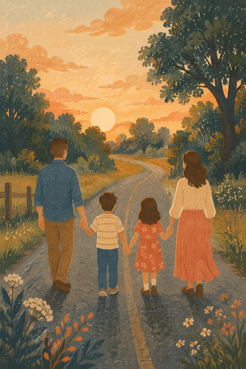 Family Walking Hand in Hand at Sunset