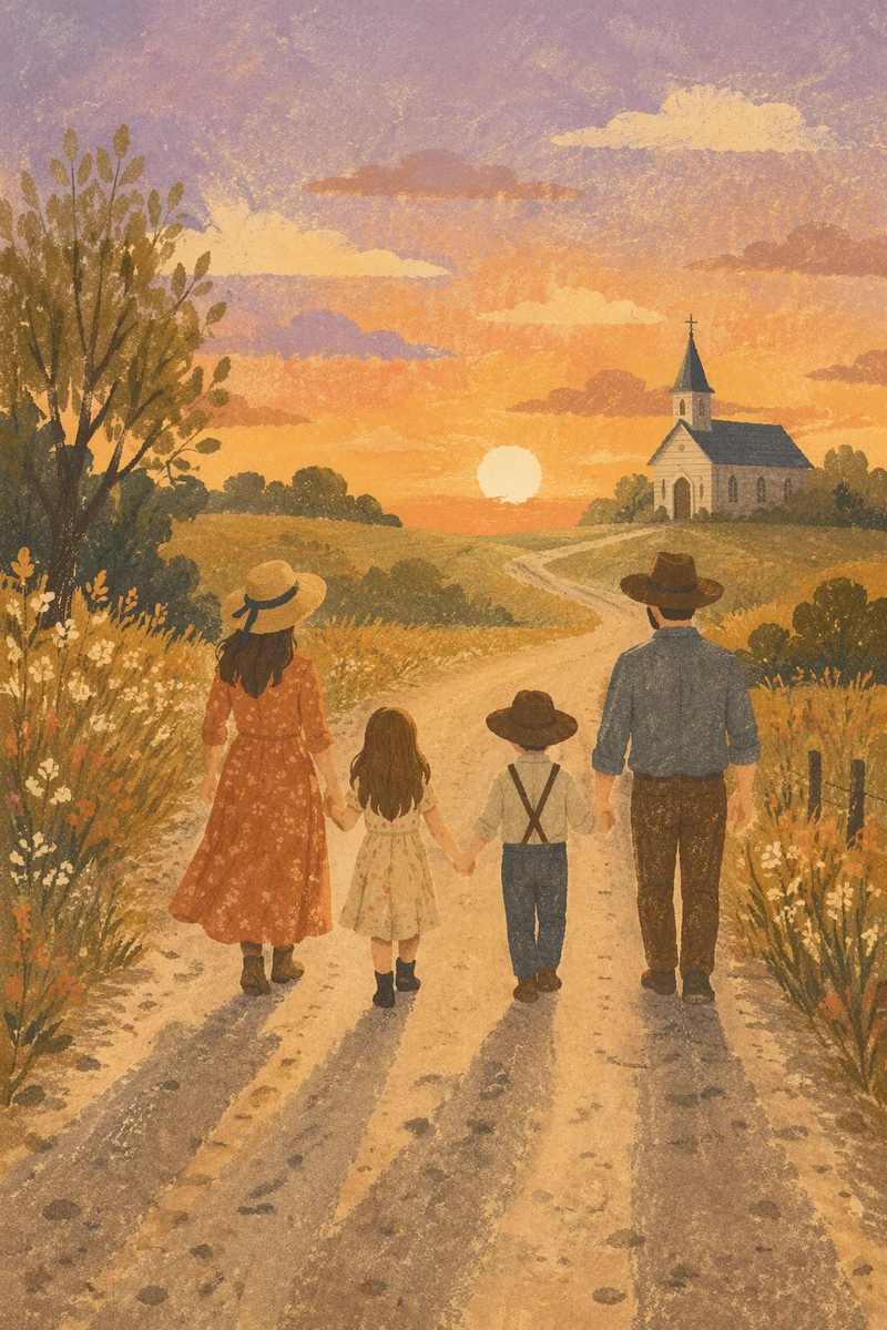 Family Walking Country Road at Sunset
