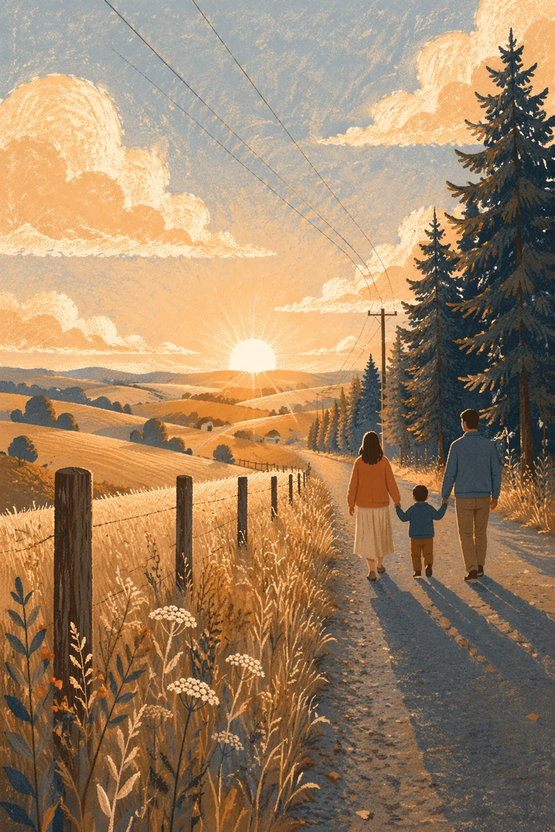 Family Walking Country Road at Sunset