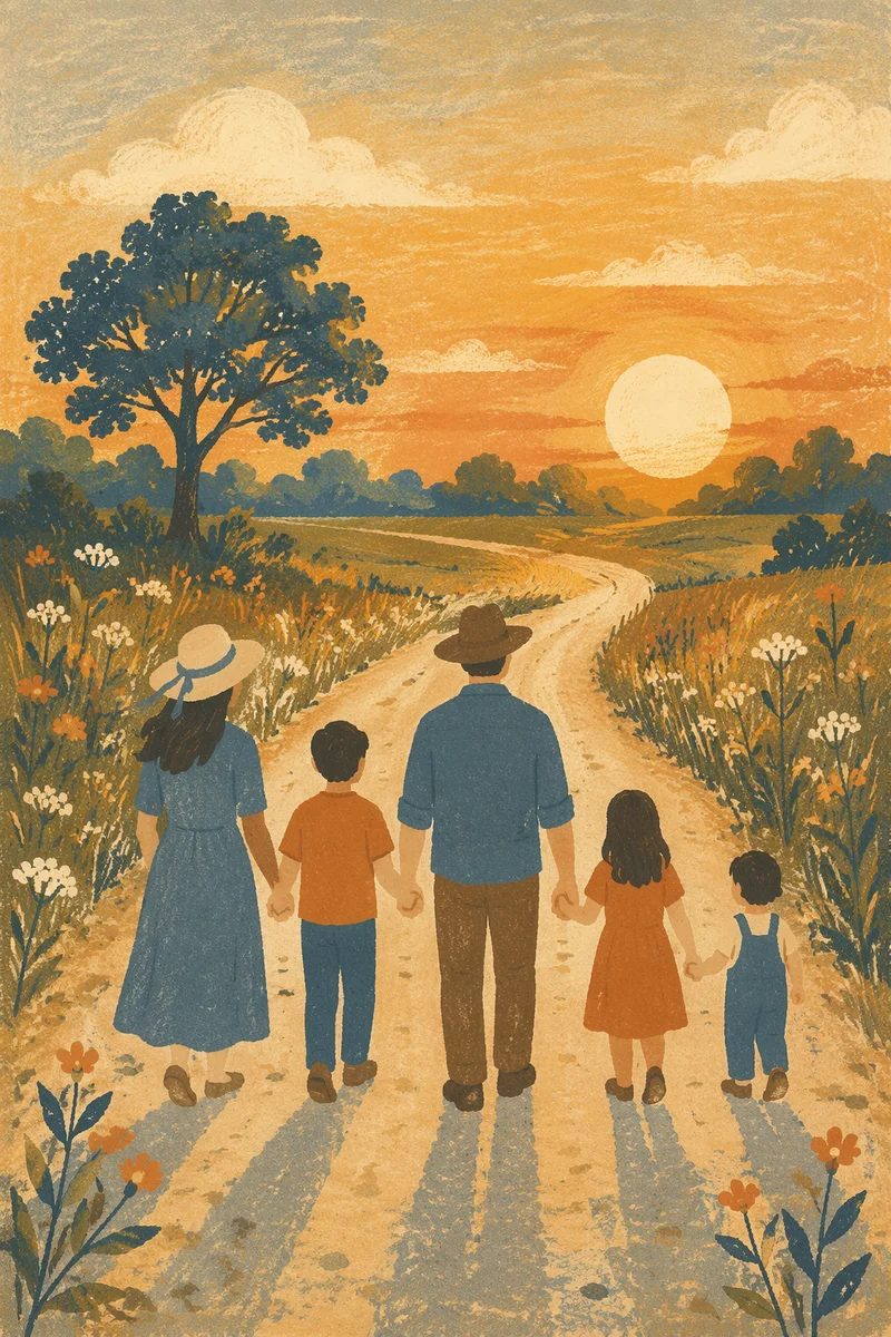 Family Walking Country Road at Sunset