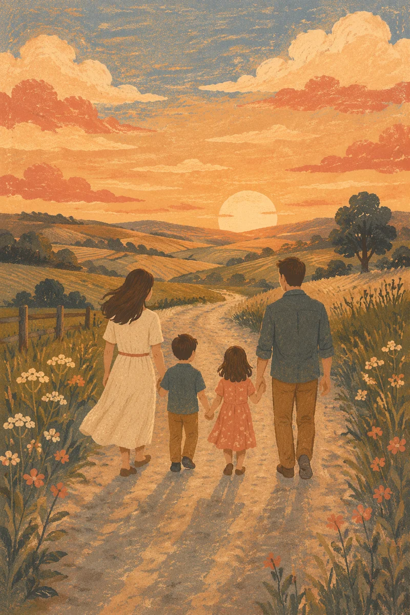 Family Walking Country Road at Sunset
