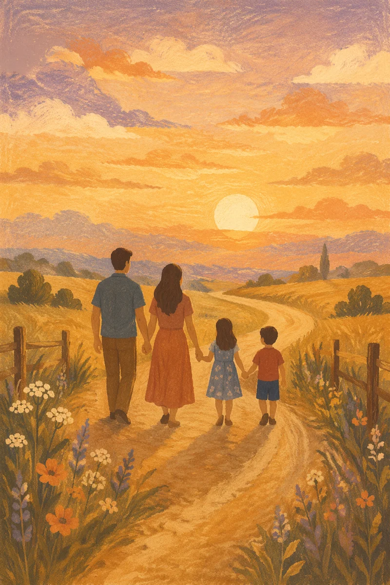 Family Walking Country Road at Sunset
