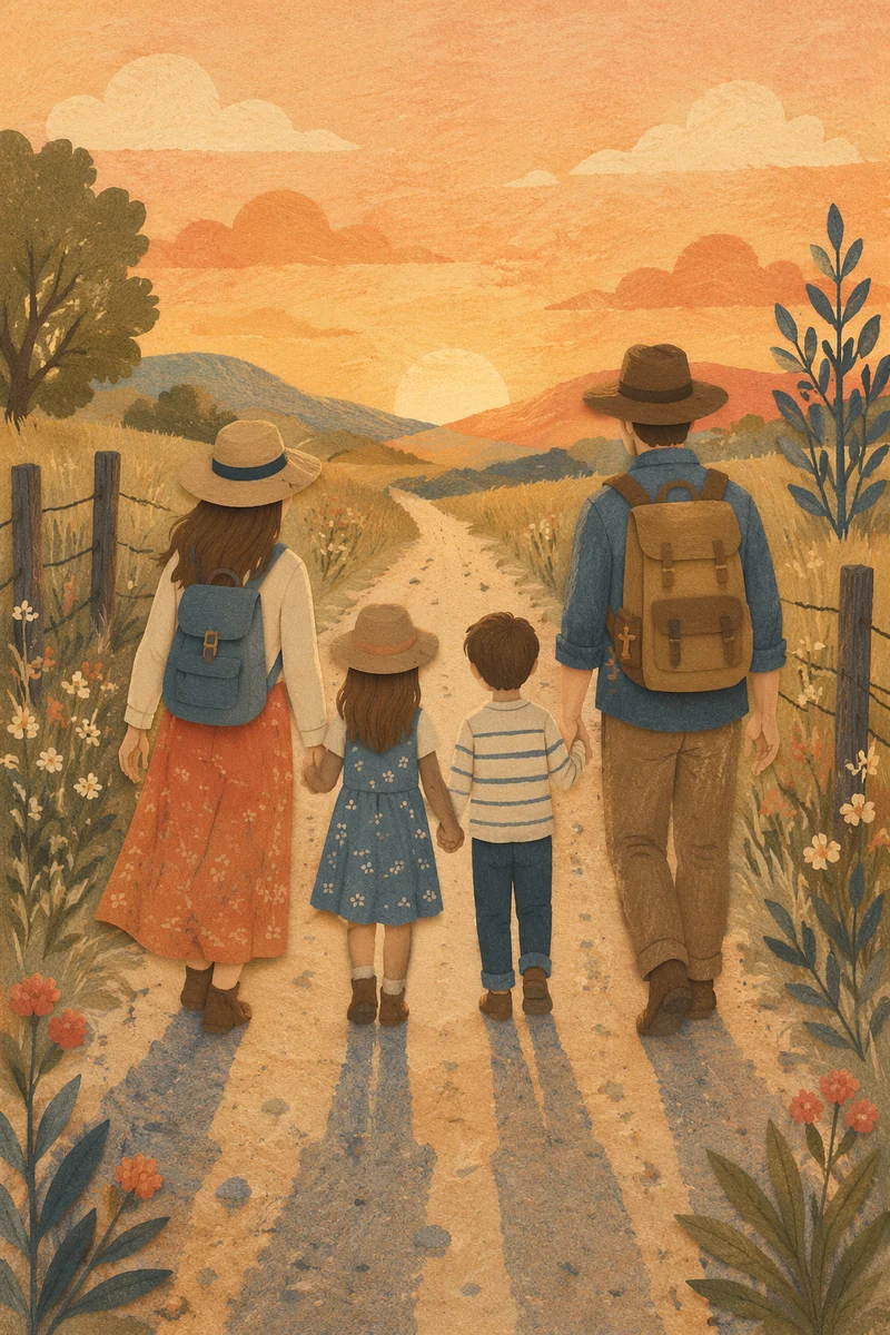 Family Walking Country Road at Sunset
