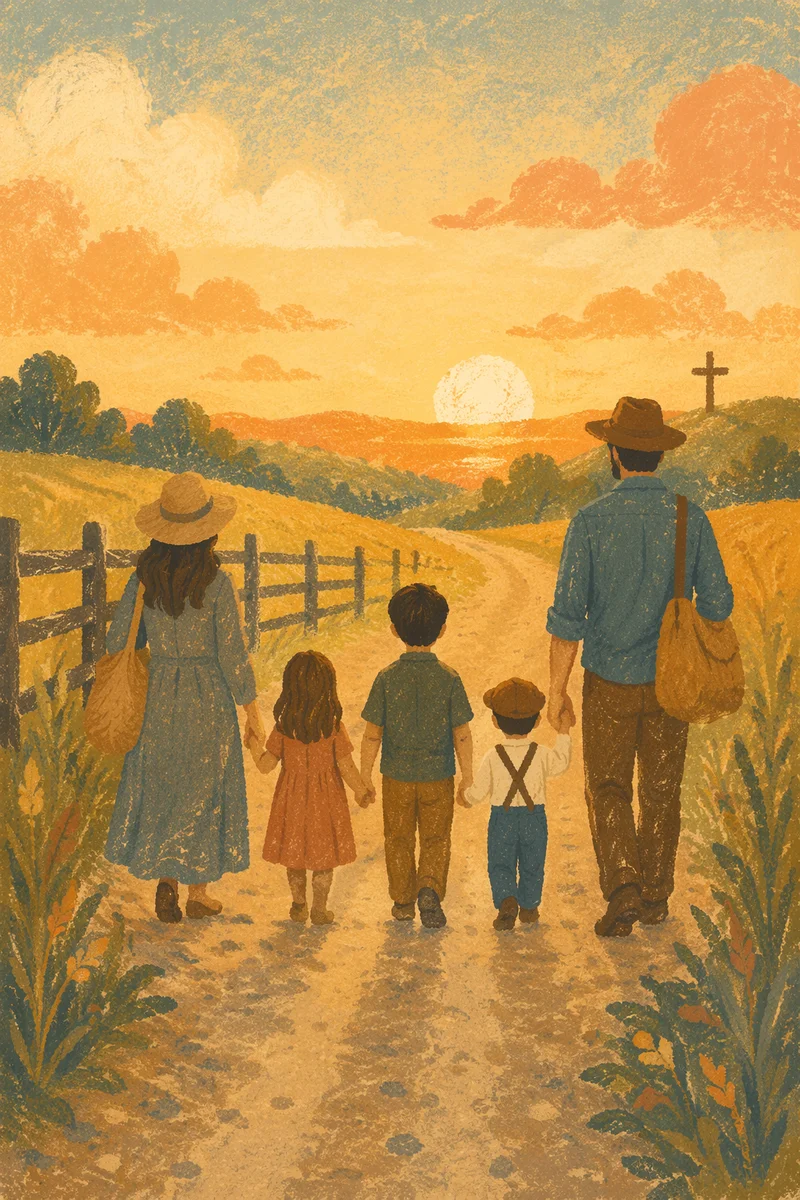Family Walking Country Road at Sunset