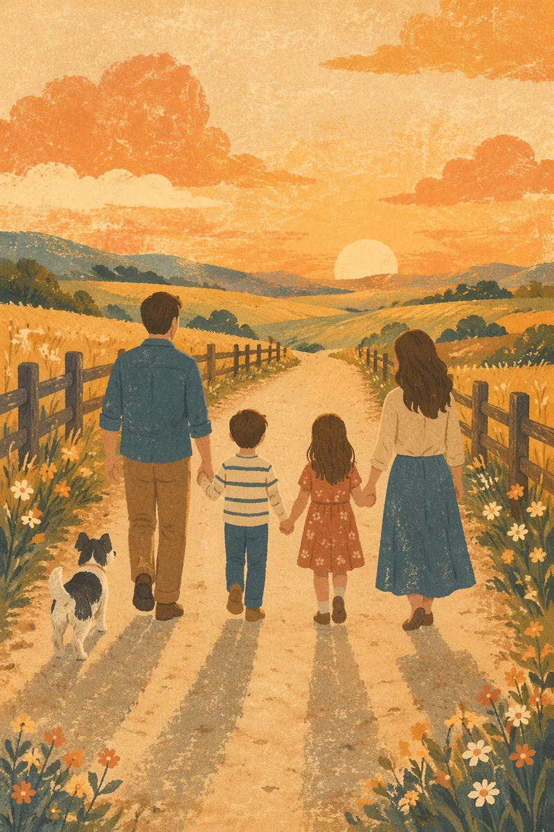 Family Walking Country Road at Sunset