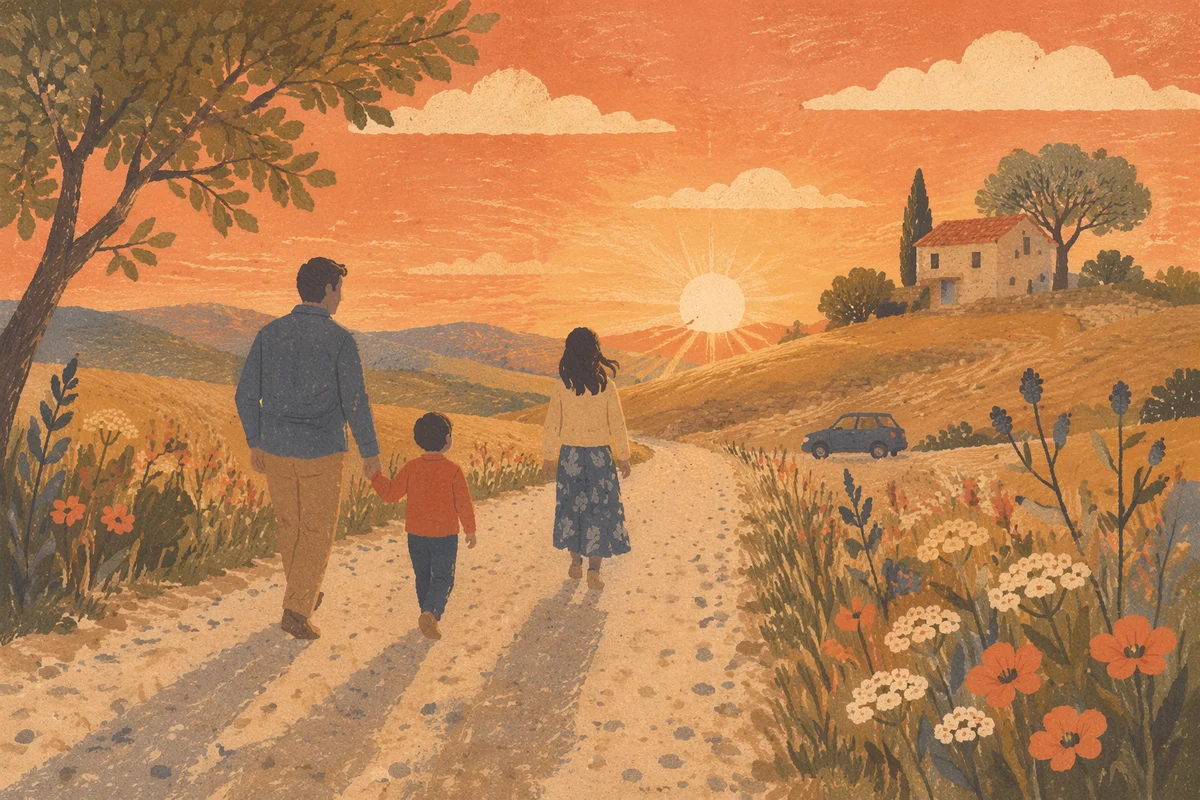 Family Walking Country Road at Sunset