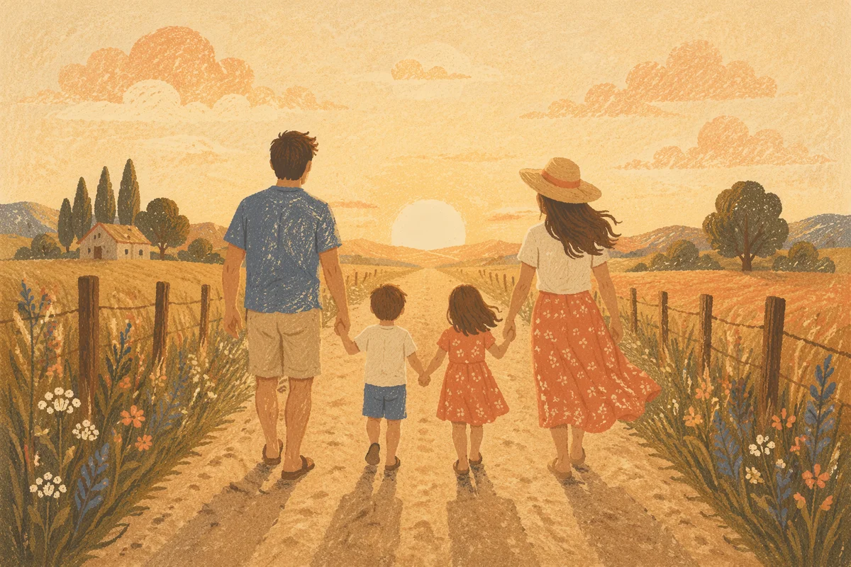 Family Walking Country Road at Sunset