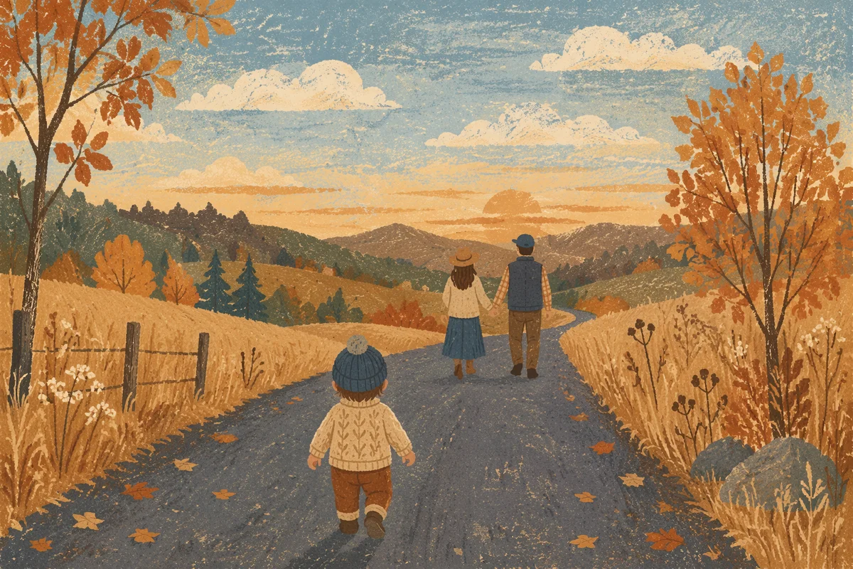 Family Walking Country Road at Sunset