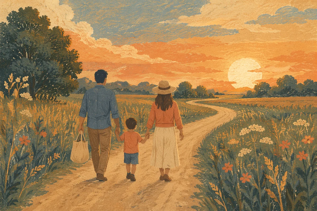 Family Evening Walk on Country Road