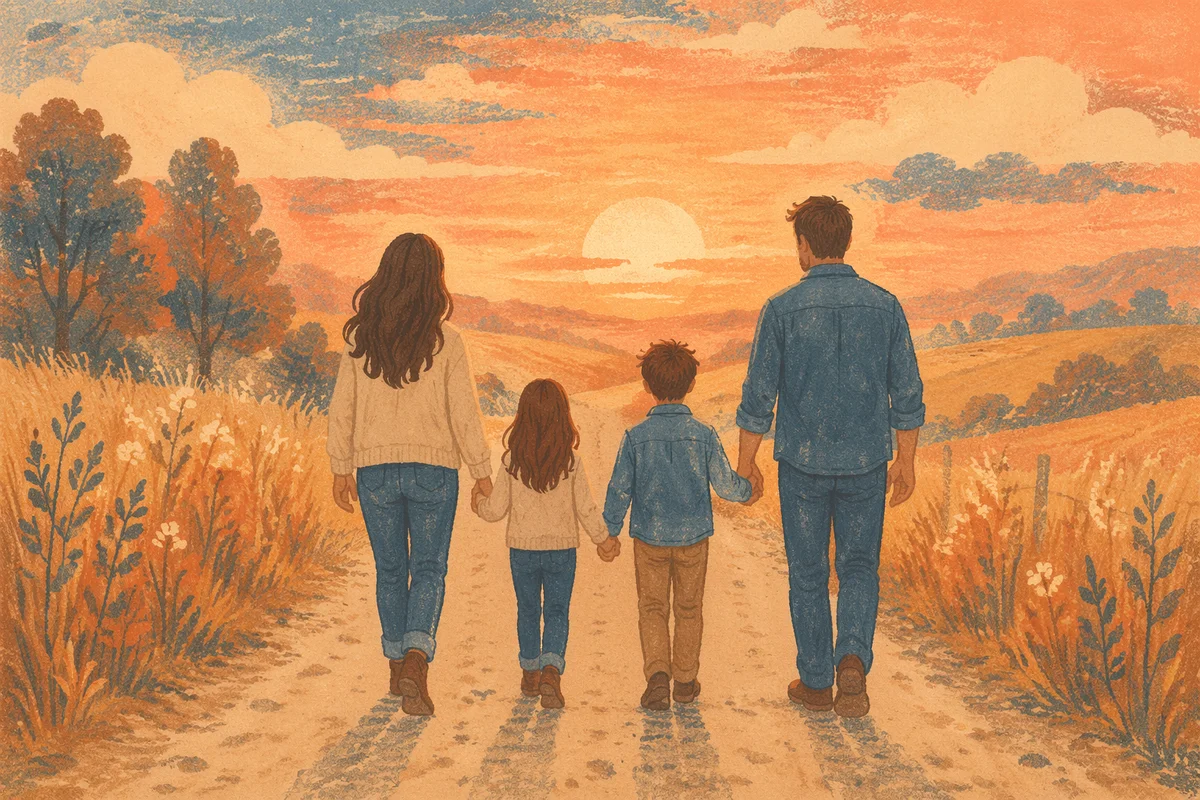 Family Walking Country Road at Sunset