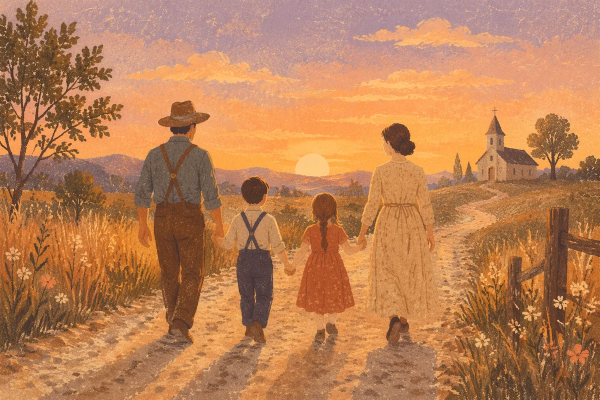 Family Walking Country Road at Sunset