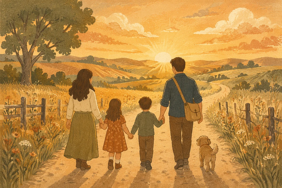 Family Walking Country Road at Sunset