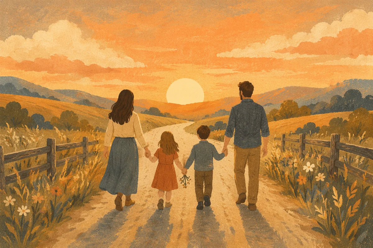 Family Silhouettes on Sunset Country Road
