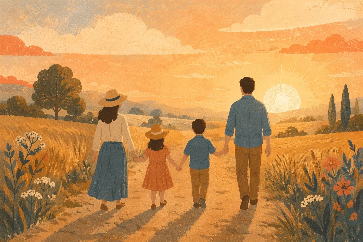 Family Walking Country Road at Sunset