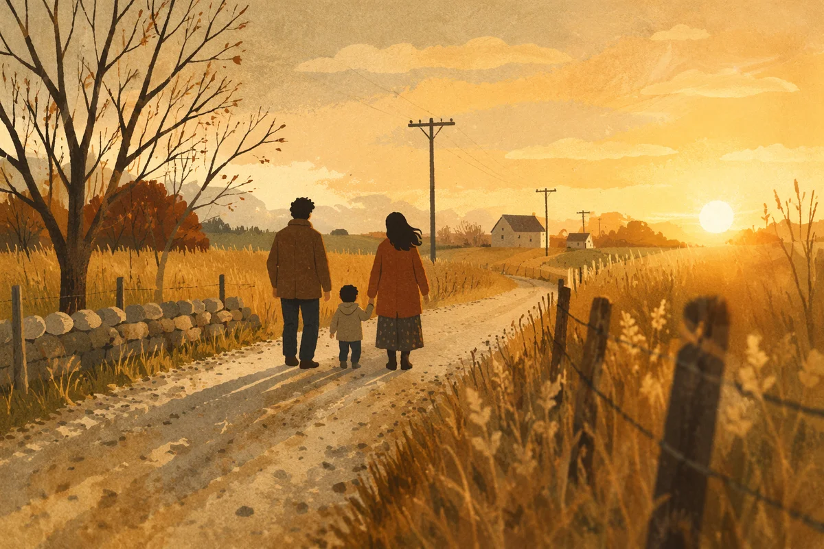 Family Walking Country Road at Sunset