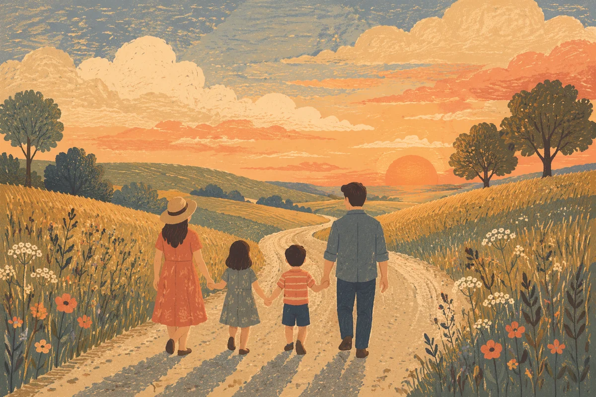 Family Walking Country Road at Sunset