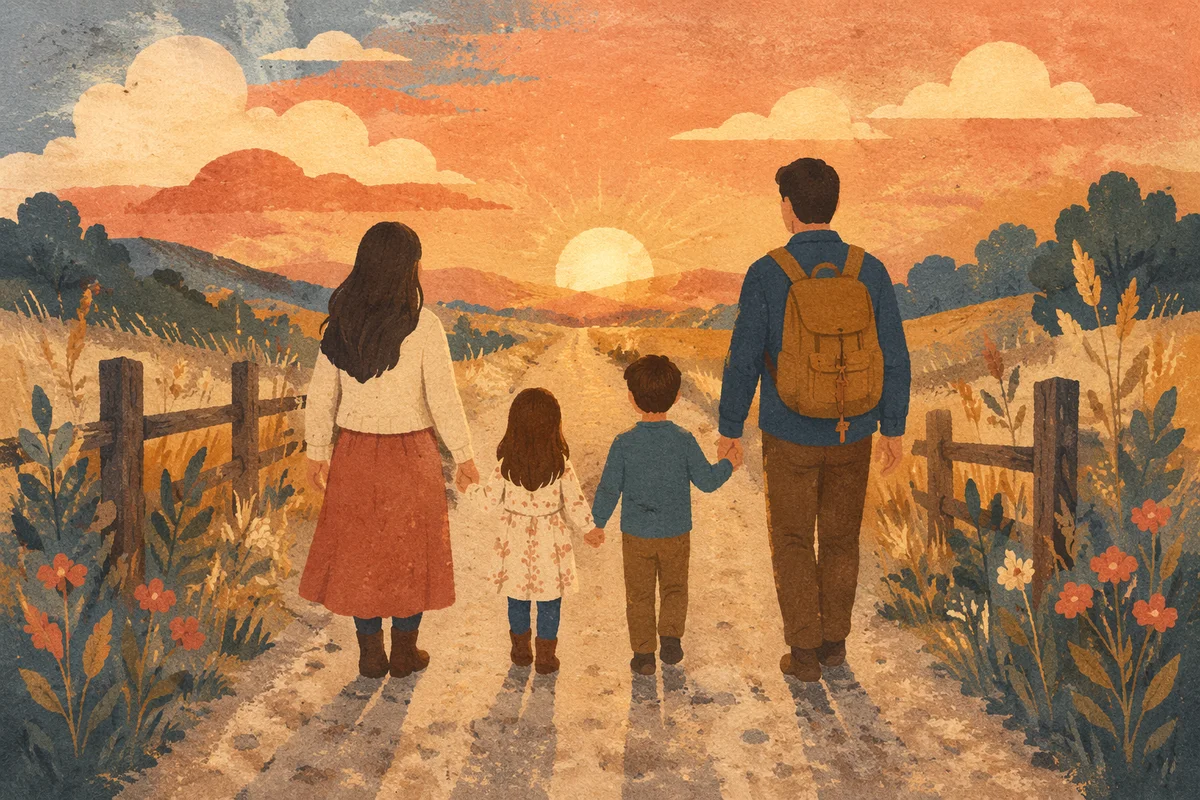 Family Walking Country Road at Sunset