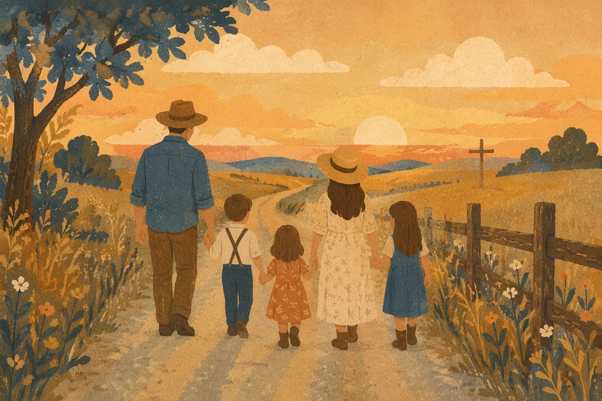 Family Walking Country Road at Sunset
