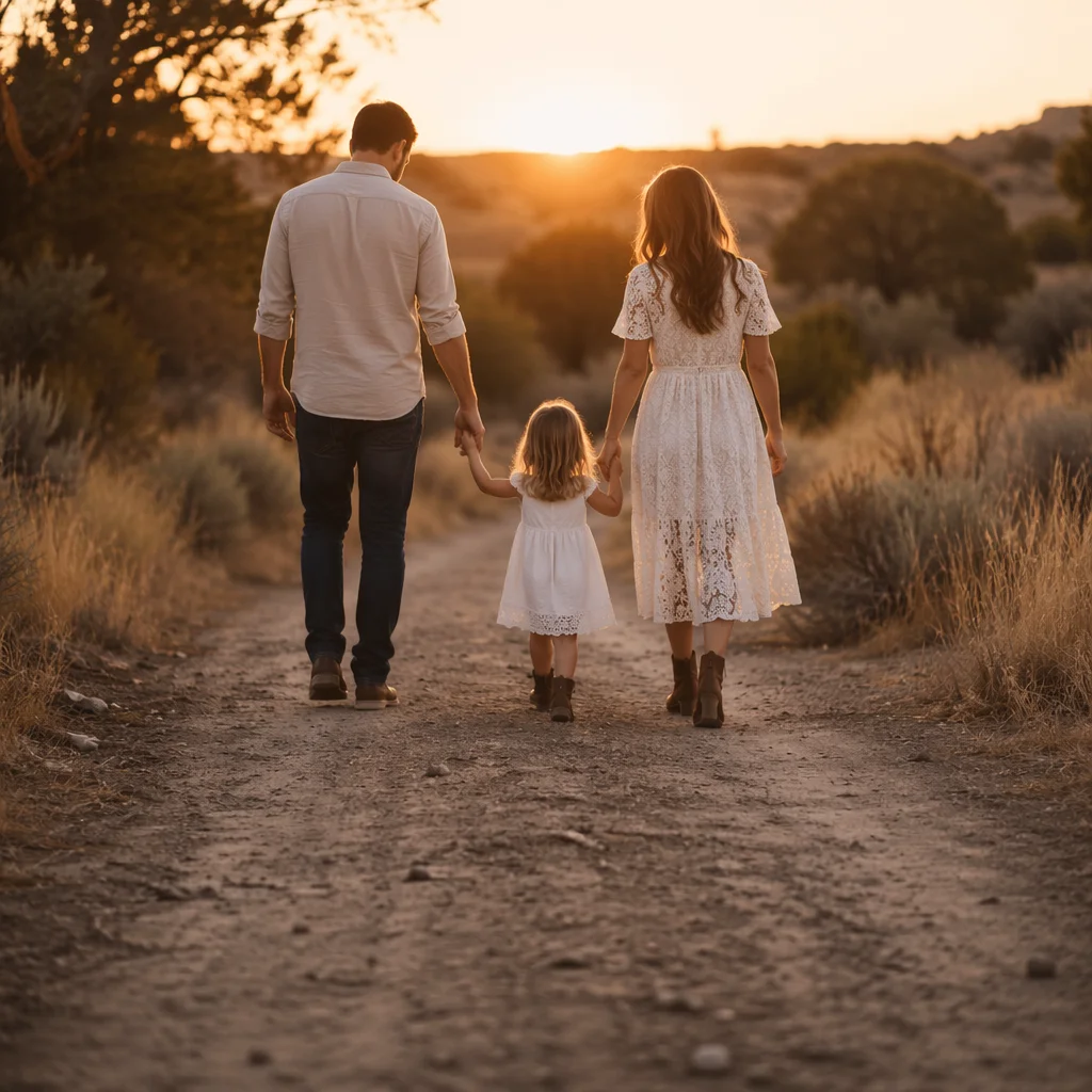 Family Walking Country Road at Sunset