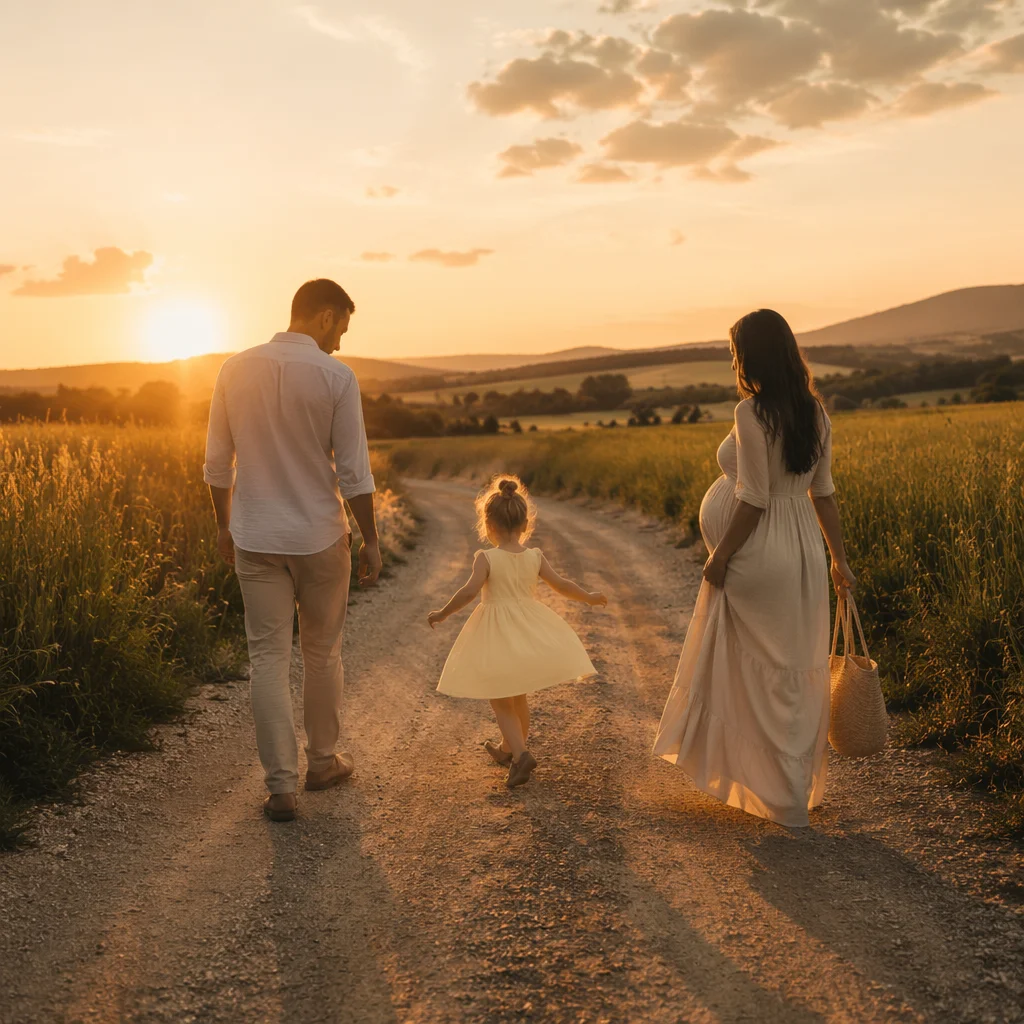 Family Walking Country Road at Sunset