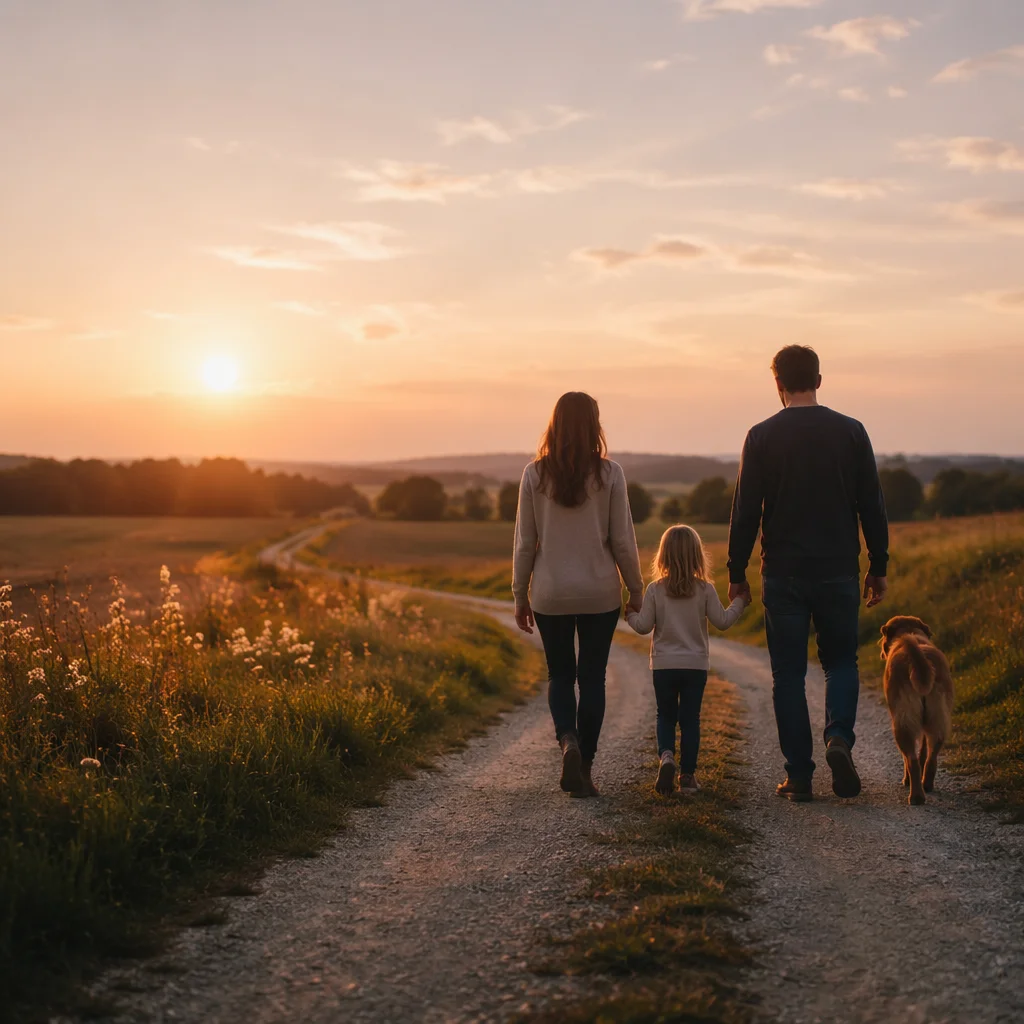 Family Walking Country Road at Sunset
