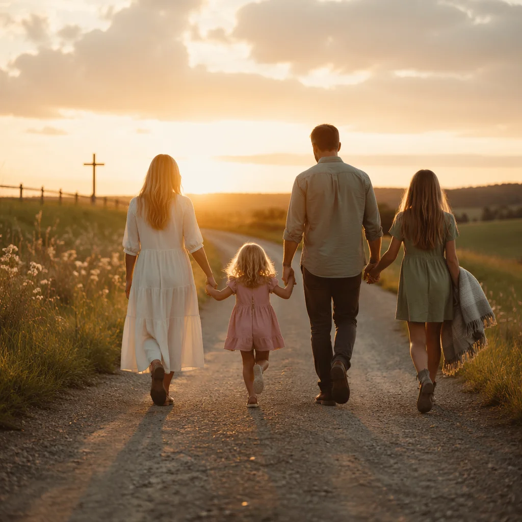 Family Walking Country Road at Sunset