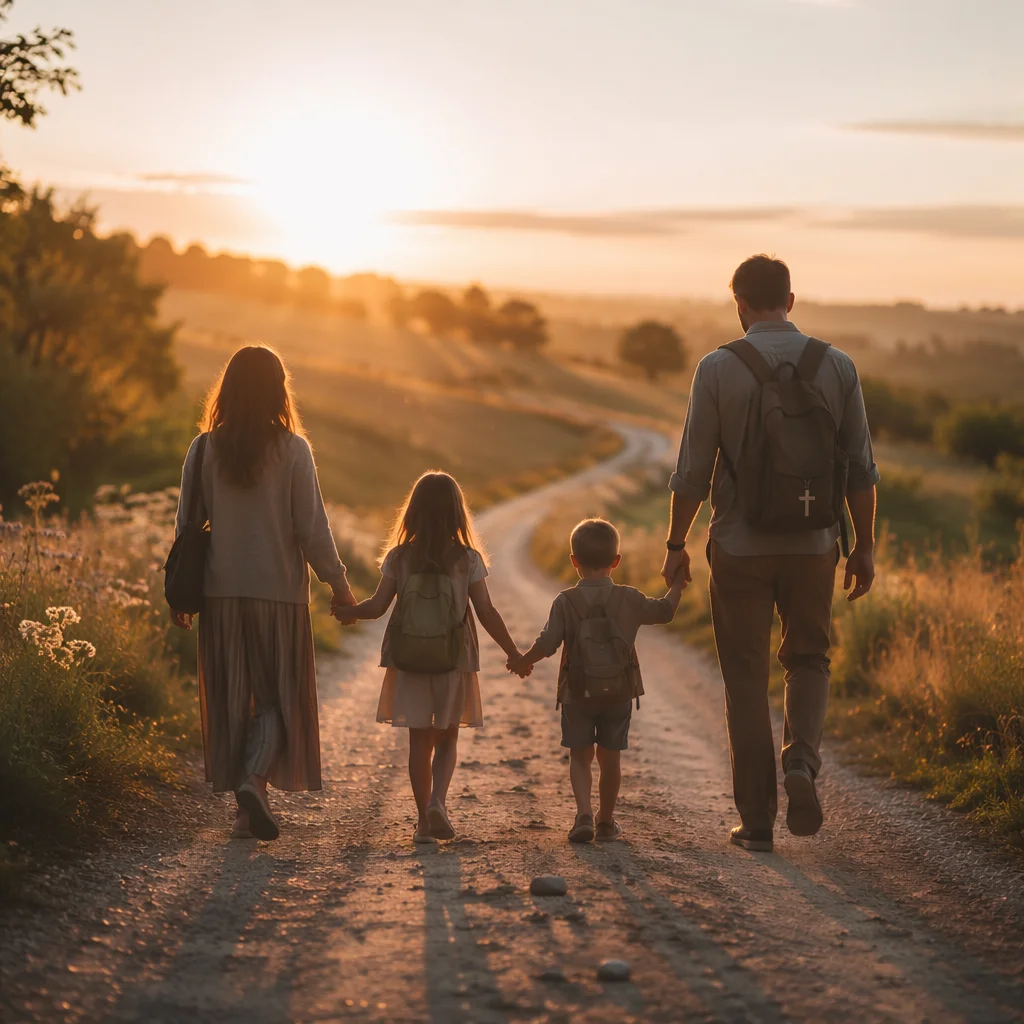 Family Walking Country Road at Sunset