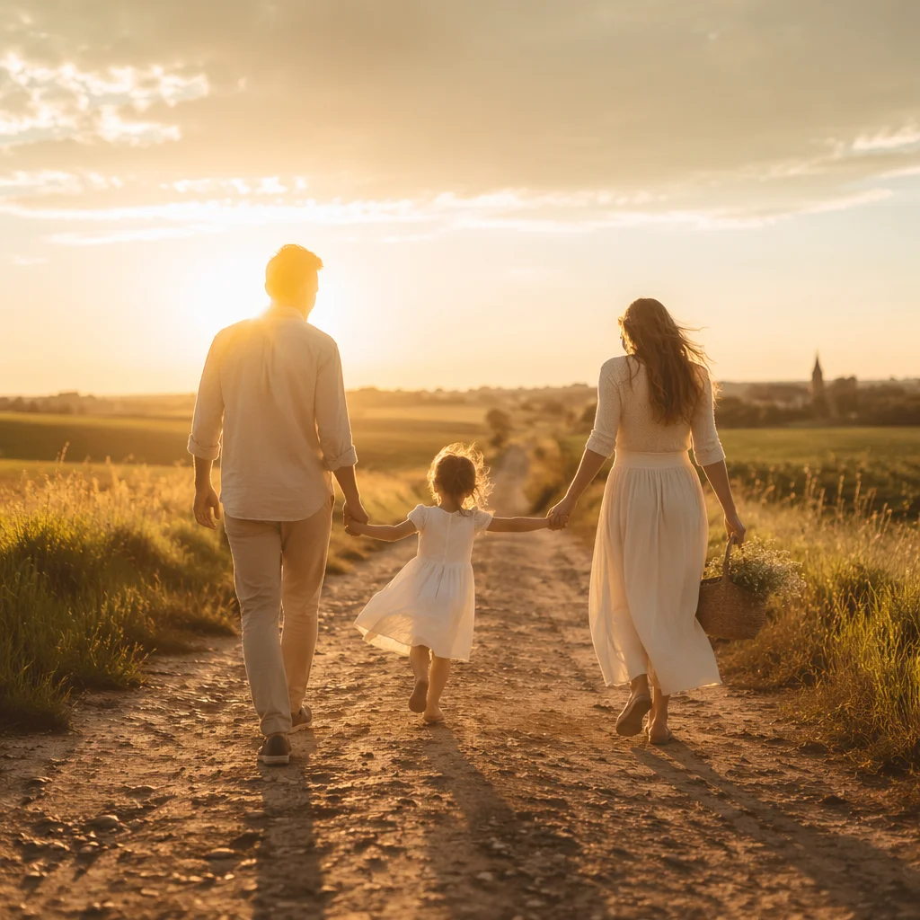 Family Walking Country Road at Sunset
