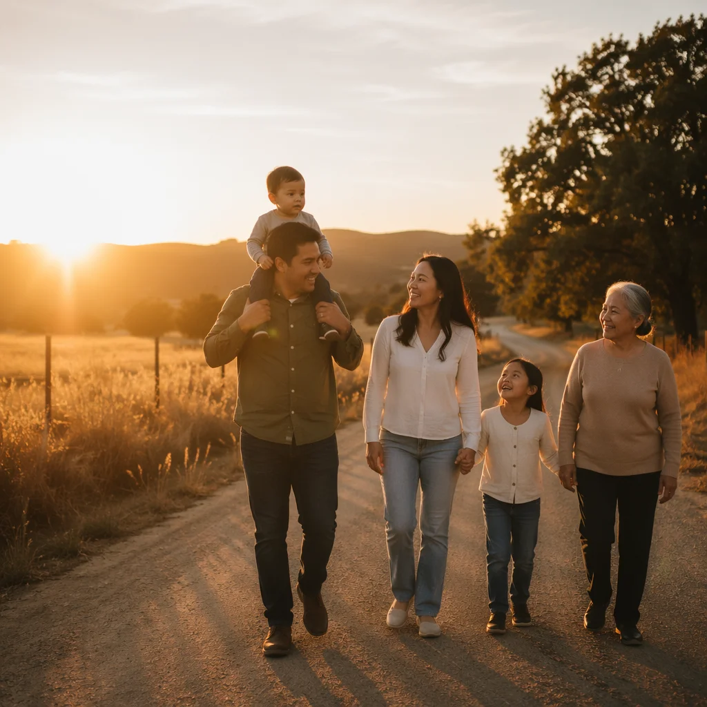Multigenerational Family Walking at Sunset