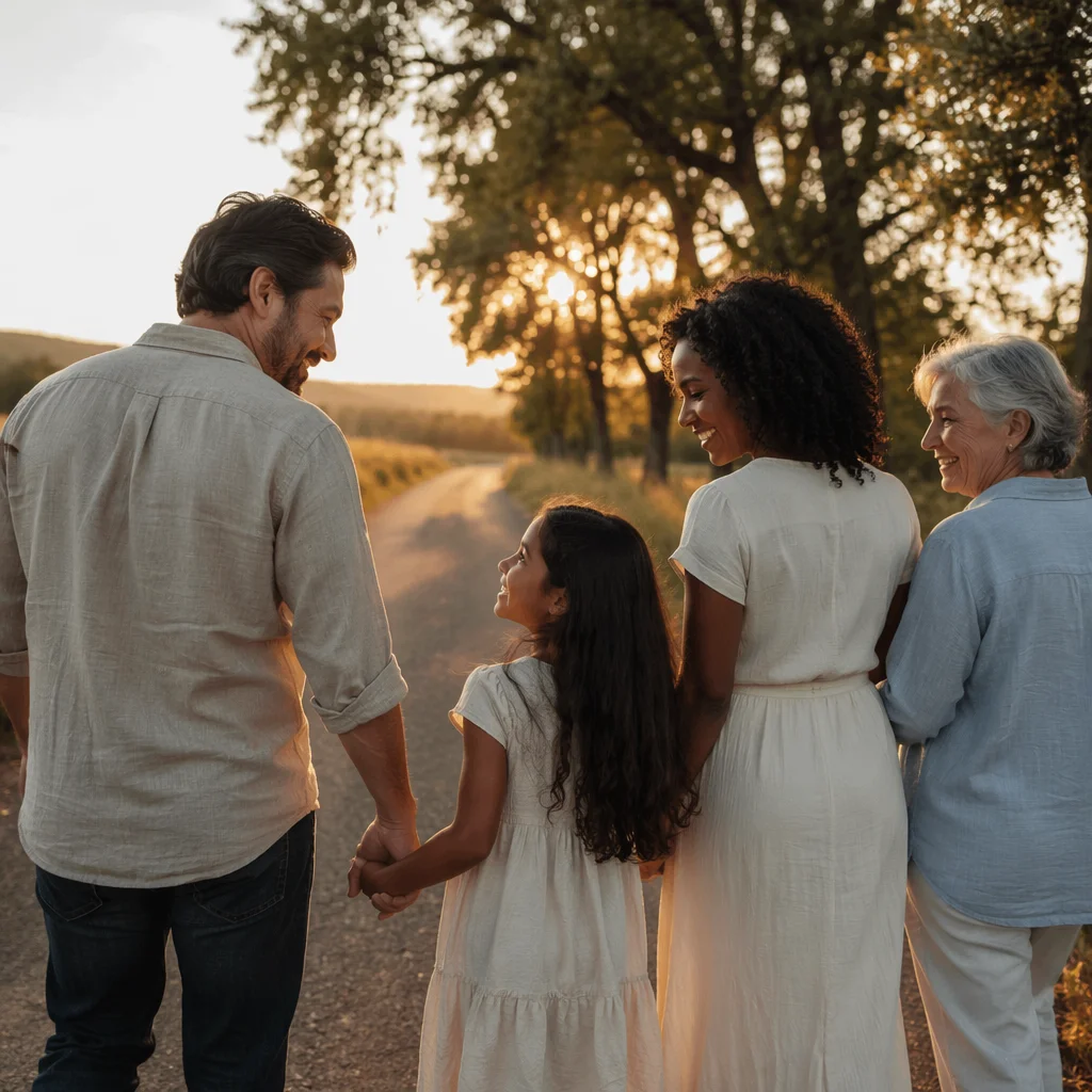 Multigenerational Family Walking at Sunset