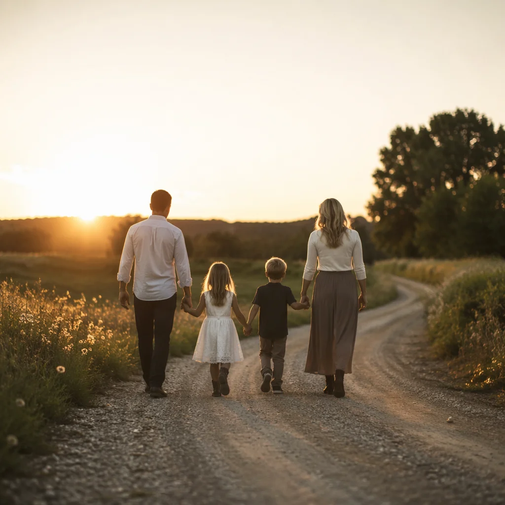 Family Walking Country Road at Sunset