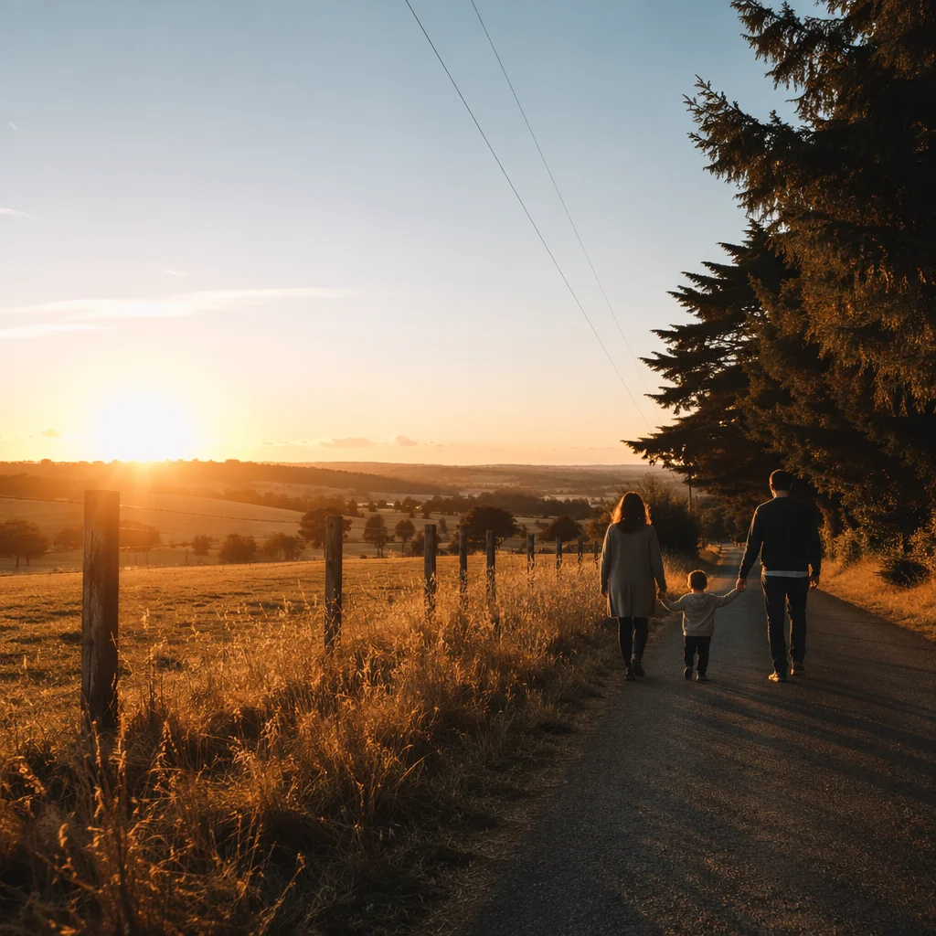 Family Walking Country Road at Sunset