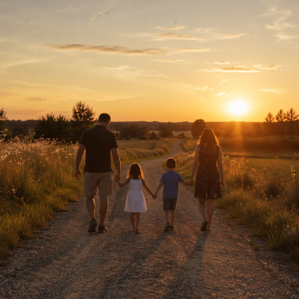 Family Walking Country Road at Sunset