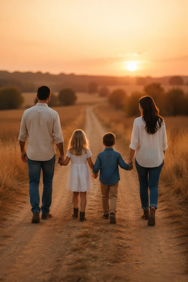 Family Walking Country Road at Sunset