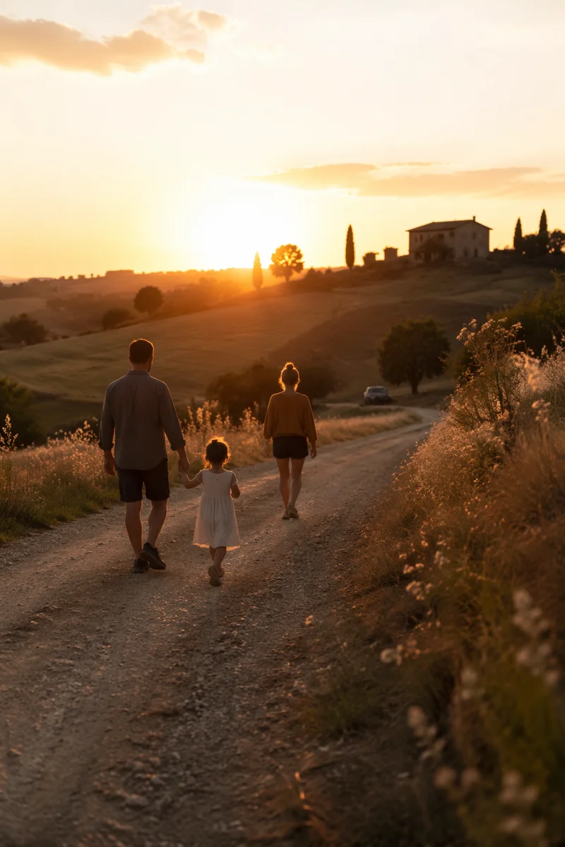Family Walking Country Road at Sunset