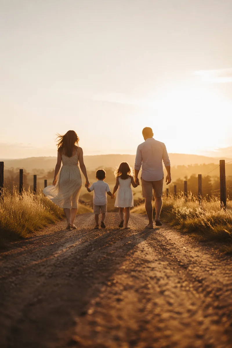 Family Walking Country Road at Sunset