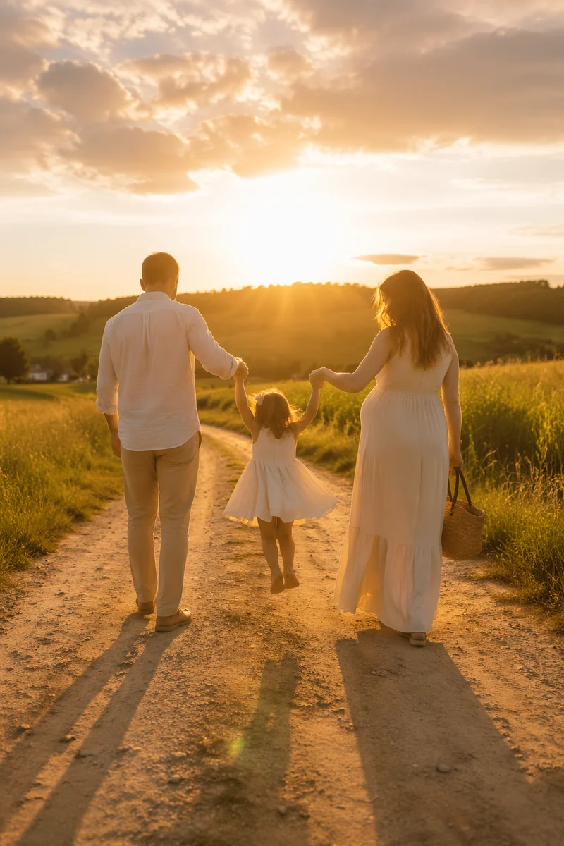Family Walking Country Road at Sunset