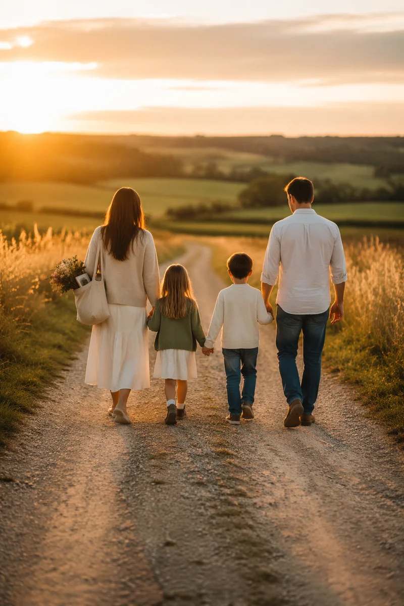 Family Walking Country Road at Sunset