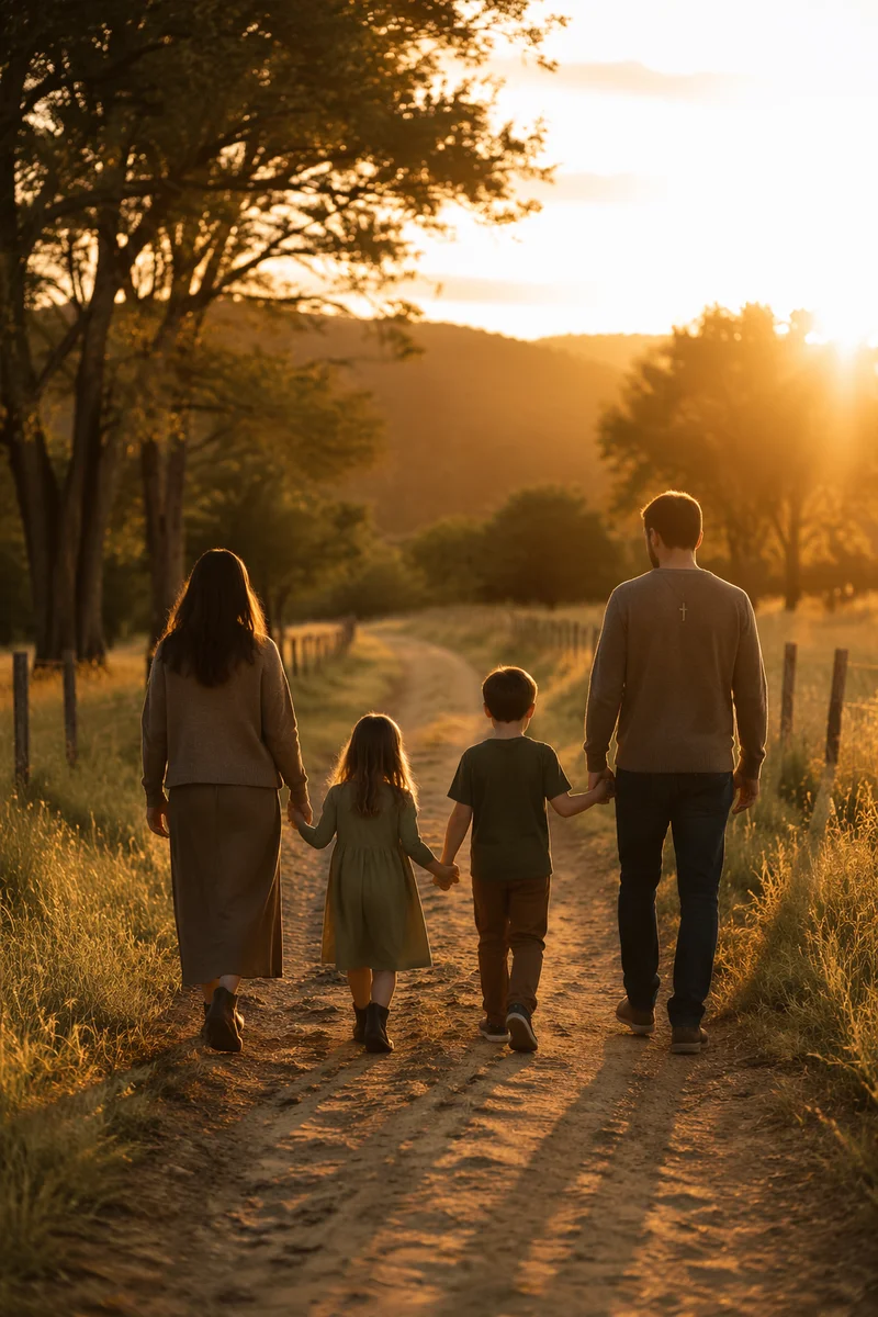Faithful Family Walk at Country Sunset