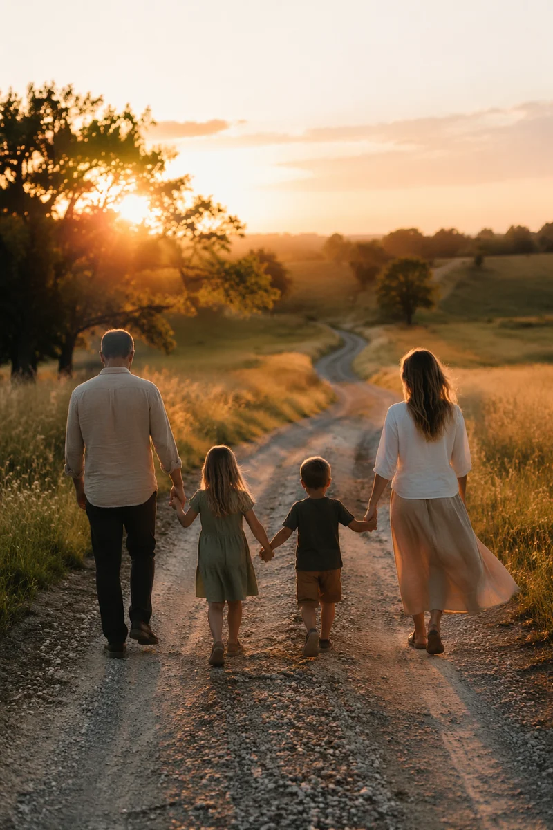 Family Walking Country Road at Sunset