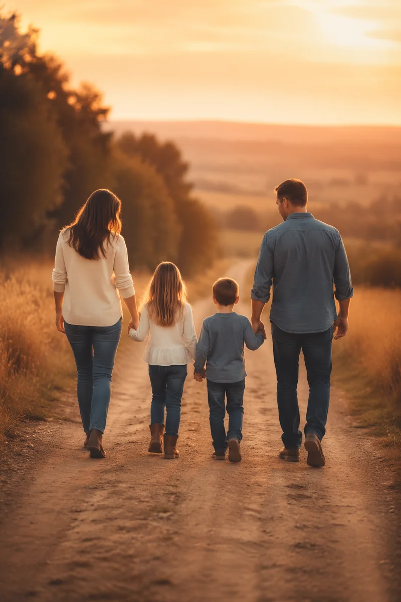 Family Walking Country Road at Sunset